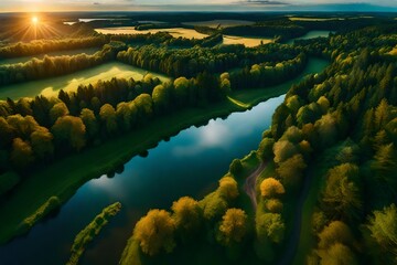 Majestic sunset in the nature landscape. Aerial panorama of blue calm river in the forest and fields at the sunset. Summer nature landscape. Dramatic cloudy sky. View of nature forest landscape - Powered by Adobe