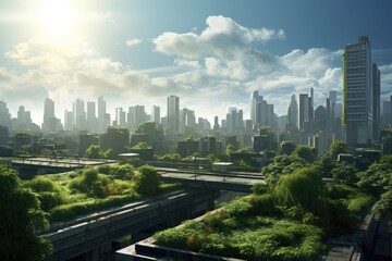 Obraz premium Stylized cityscape with green buildings under a cheerful sky