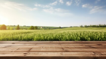 The empty wooden brown table top with blur background of farmland and blue sky. Exuberant image....