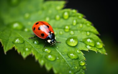 Fototapeta premium In Depth Perspective, Ladybug Resting on Leaf