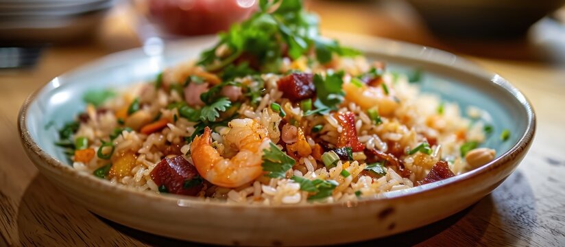 Fried rice with Chinese sausage, shrimp, peanuts, and coriander.
