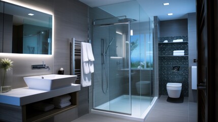 spacious bathroom with black tile on wall and white on floor, shower cabin with glass doors, modern washbowl with faucet and wc toilet with closed lid