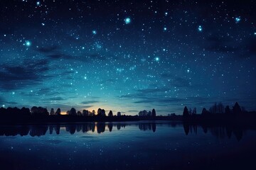 Star-studded sky mirrored in the still waters of a serene lake - obrazy, fototapety, plakaty