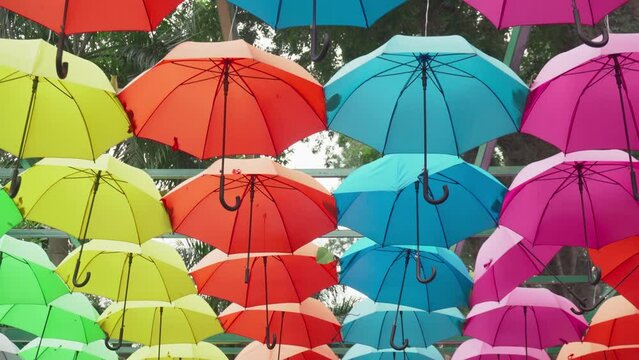 Walking under canopy of umbrellas in a park. Garden decor