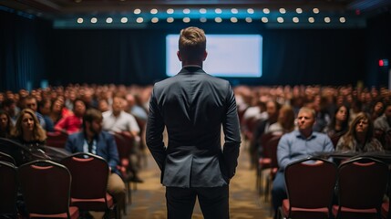 Back view of a confident and charismatic speaker addressing a diverse audience of business leaders at a global leadership