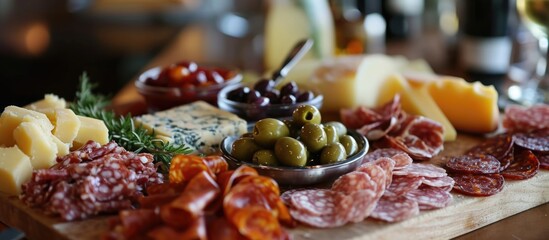 Assorted charcuterie and cheese platter with olives, Chorizo, and Semicurado cheese. - obrazy, fototapety, plakaty