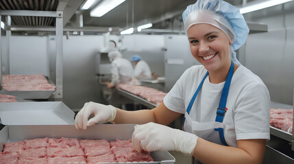 A happy meat industry worker is packing minced meat into a box.