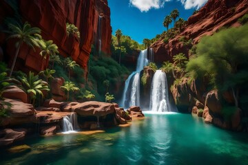 A secluded waterfall oasis nestled within a rugged canyon. The waterfall cascades down a red rock...