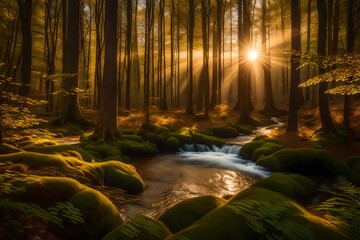 An enchanting forest scene illuminated by the golden light of a setting sun. 