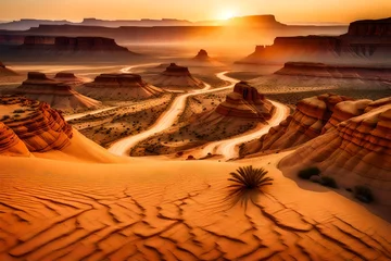 Foto op Canvas A breathtaking desert landscape during the golden hour, with the setting sun casting a warm © IBRAHEEM'S AI