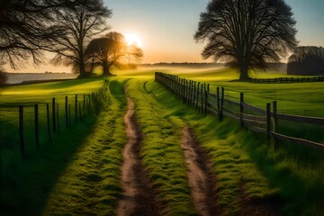 A rural scene at sunrise with a vibrant green pasture. A gravel path leads through the field, flanked by a wooden fence, leading towards a line of trees on the horizon.  