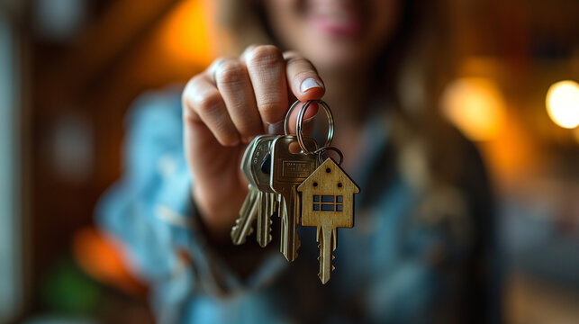 Happy homeowner showing new house keys with wooden house keychain. Focus on keys with blurred background of woman's smiling face, suggesting home ownership, real estate, Generative IA