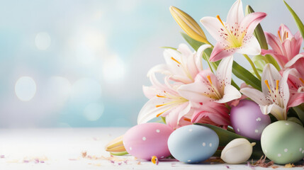 Fancy fresh easter lillies with colorful easter eggs, room for copyspace