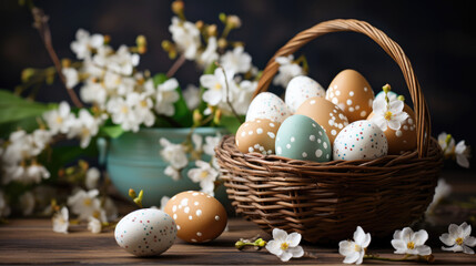 Brown wicker basket full of easter eggs and white flowers in background - Powered by Adobe