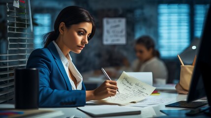 Business woman planning her work week on a notepad with pen and laptop on wooden desk