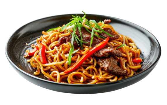 Black plate with noodles with beef isolated on transparent background