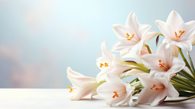Elegant white Easter lillies laying on side with copyspace
