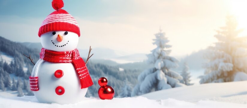 happy snowman with bright red hat and mittens in a snowy landscape