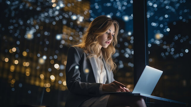 Businesswoman working on a laptop and analyzing graphs in a dark office