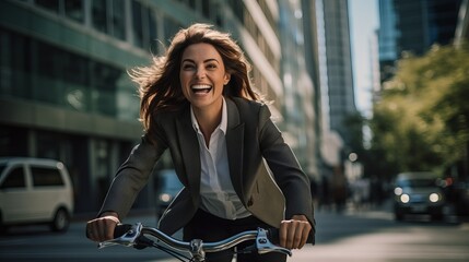 Joyful businesswoman commuting on a bicycle to work in urban setting - city lifestyle and...