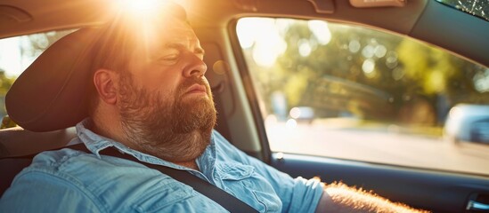 Overweight male driver suffering from blood pressure sits overheated in car, attempting to cool down after traffic jam.