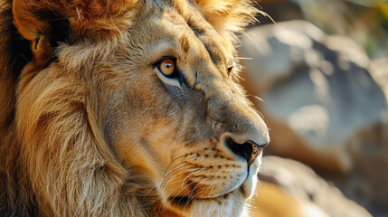 Fototapeta premium Portrait of a lion on a savanna background.