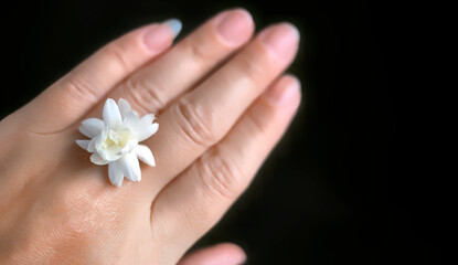 Obraz na płótnie Canvas A single white jasmine or Arabian jasmine on a female hand in dark background with copy space for text or advertising, banner, business concept