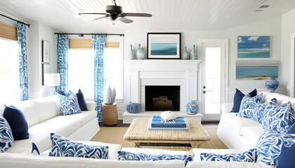 blue and white room with coastal decor