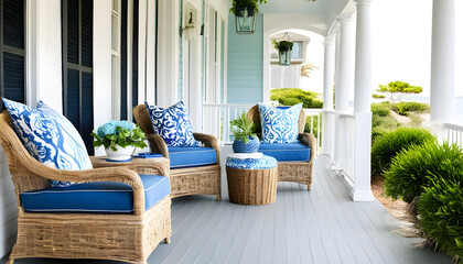 blue and white porch with coastal decor
