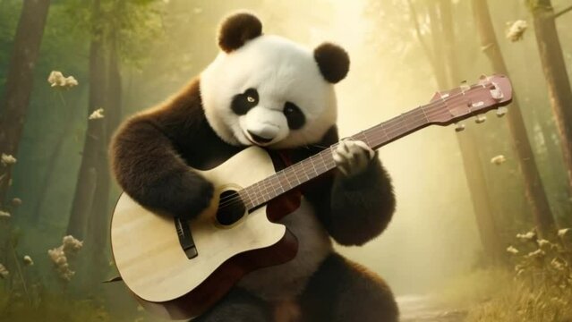 a cute panda playing guitar, cute panda