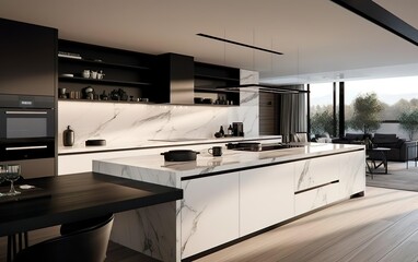 Indoor dining room appearance. Modern kitchen, interior, minimalistic scandinavian design. AI Generative.