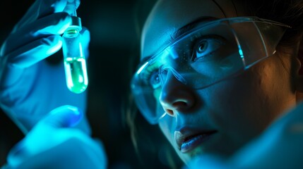 A scientist holds a vial of glowing liquid, their eyes filled with both fear and hope, as they push the boundaries of genetic engineering. - obrazy, fototapety, plakaty