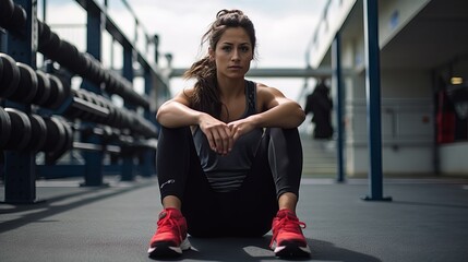 Fit and strong woman resting on a bench after an intense gymnastic rings exercise session