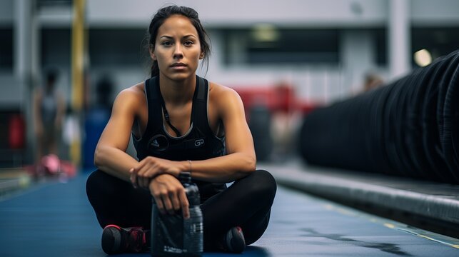 Fit and strong woman resting on a bench after an intense gymnastic rings exercise session