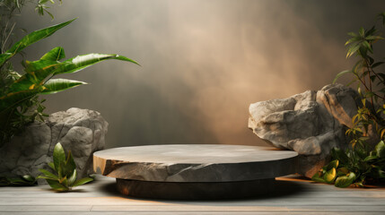 Fototapeta premium Luxury stone as podium with natural plant made of display. Natural showcase scene for presentation placement premium product trendy fashion, cosmetic or beauty promotion. Generative AI