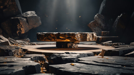 Luxury black gold stone as podium made of natural display. Futuristic Natural showcase scene for presentation placement premium product trendy fashion, cosmetic or beauty promotion. Generative AI