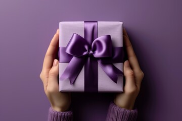 Hands holding a gift with a purple ribbon on a matching background