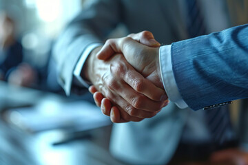 Close-up of two businessmen shaking hands after completing a deal.