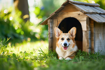 Corgi dog in a dog house on the yard at summer