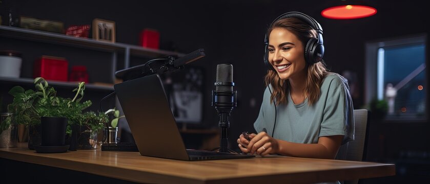Female podcaster recording audio content in her cozy home studio with microphone and laptop