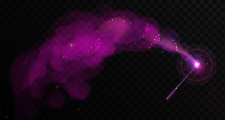 Magic wand with violet glowing shiny trail isolated on black transparent background. Vector illustration