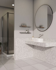 A modern white and clean bathroom with a vanity sink, a round mirror, tiles floor, and a shower.