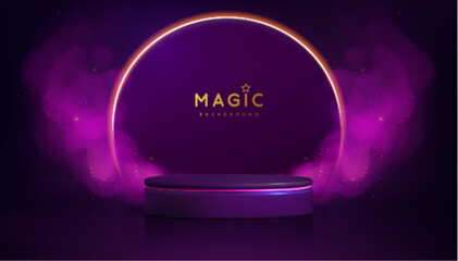 Magic violet showcase background with 3d podium and purpure fog or steam. Glowing shiny trail. Vector illustration