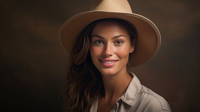 Portrait of young woman with hat smiling. Image of beautiful woman. High quality image.
