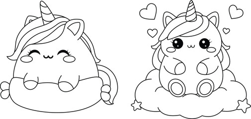 Set of cute unicorns cartoon coloring page © Saly