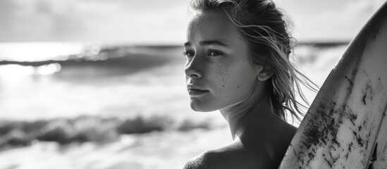 Black and white photo of a beautiful woman with a surfboard on a beach evokes nostalgia.