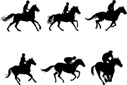 Horse Racing Competition icons. Jockeys on horses galloping on the racetrack. Silhouettes of riders. Horse race competition, video game and tournament poster or banner idea. 