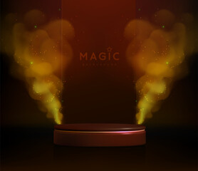 Magic red showcase background with 3d podium and golden fog or steam. Glowing shiny trail. Vector illustration