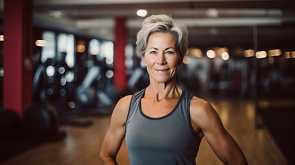 Fototapeta premium Mature woman in sportswear smiling and holding a yoga mat in a fitness studio