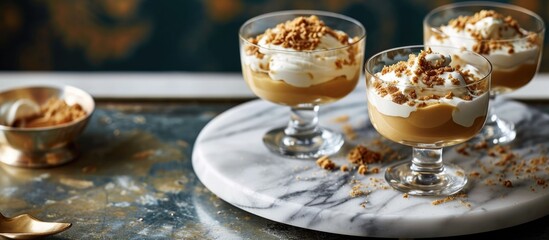 Marble tray holds glasses of creamy peanut butter dessert with mascarpone.